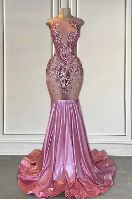 Long Pink Sleeveless Mermaid Formal Dresses Featuring Beadings