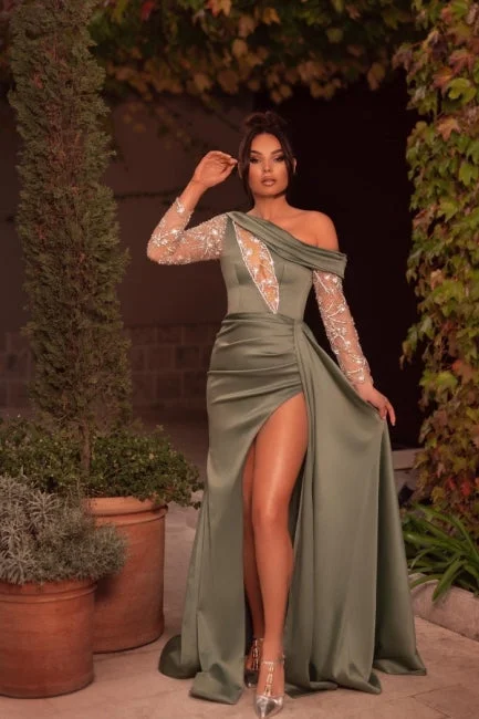 Modern One Shoulder Beading Split Formal Wears Long Prom Dresses With Long Sleeves