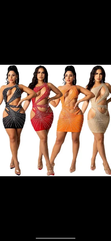 Sexy Sheer Embellished Cut Out Dress Set