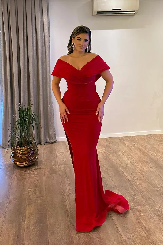 Chic V-Neck Off-The-Shoulder Mermaid Ruby Prom Dresses with Split