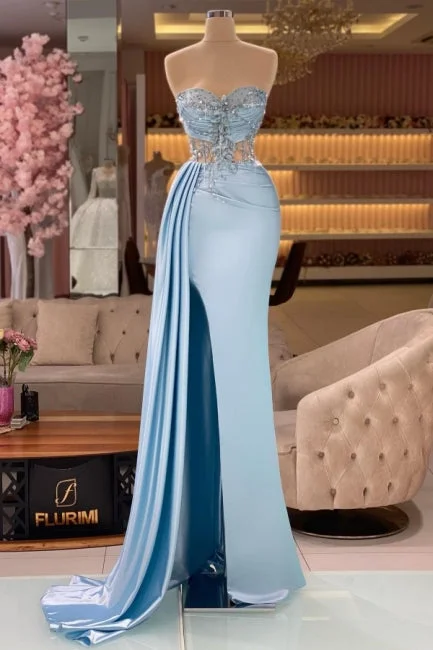 Suzhoufashion Column Slit Front Long Sweetheart Strapless Sleeveless Sky Blue Ruffle Stain Prom Dresses with Beadings Suzhoufashion Column Slit Front Long Sweetheart Strapless Sleeveless Sky Blue Ruffle Stain Prom Dresses with Beadings