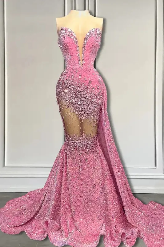 V-Neck Sequins Formal Dresses Mermaid Sleeveless Crystal.