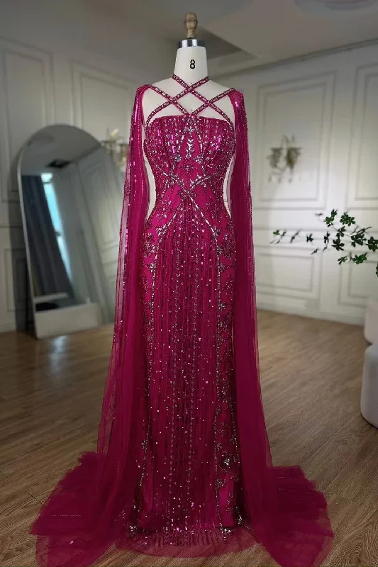 Classy Hot Pink Beadings Evening Dress Mermaid Long With Ruffle