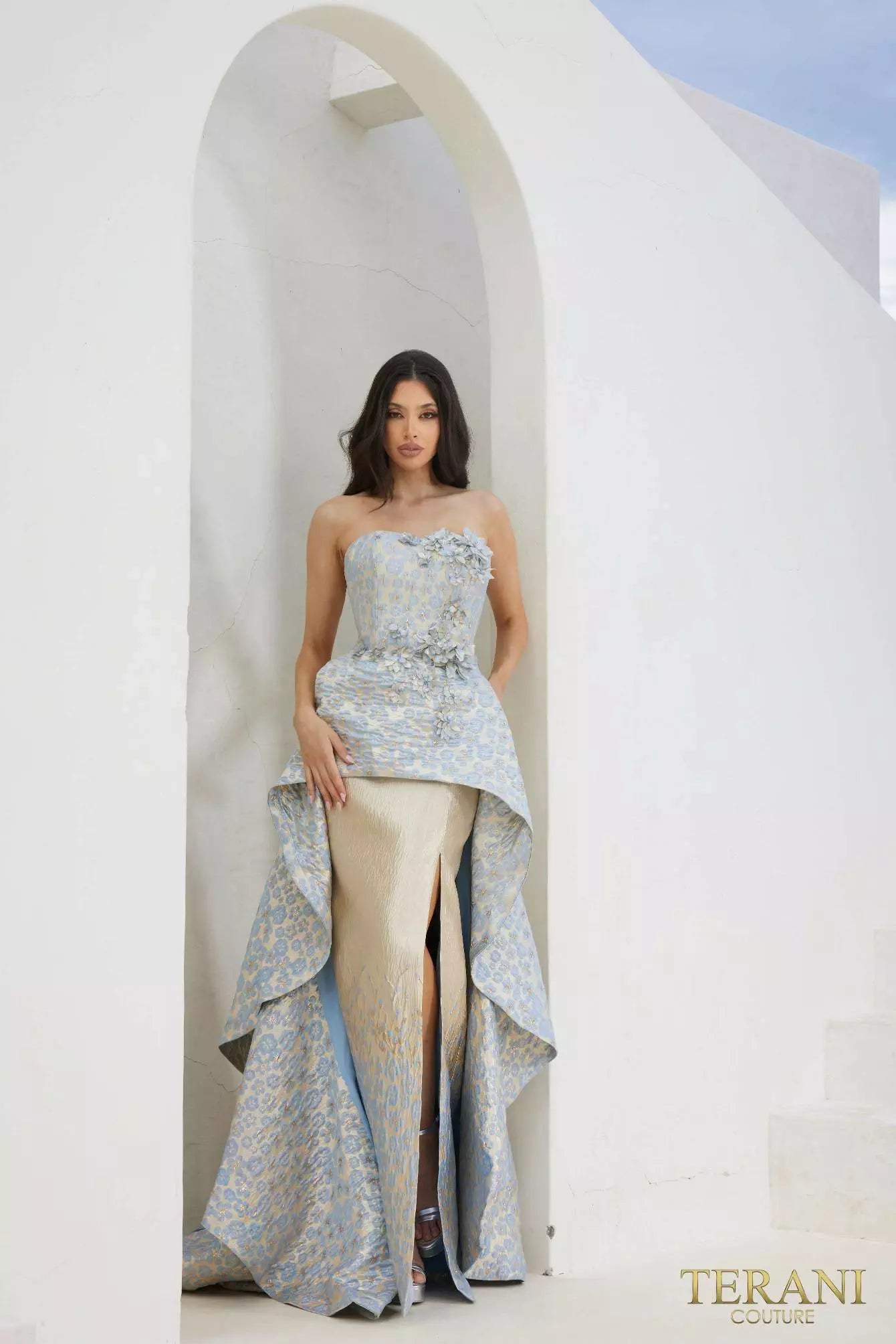 Terani Couture 241E2486 A-Line Strapless Embroidered Jacquard Column Evening Dress
