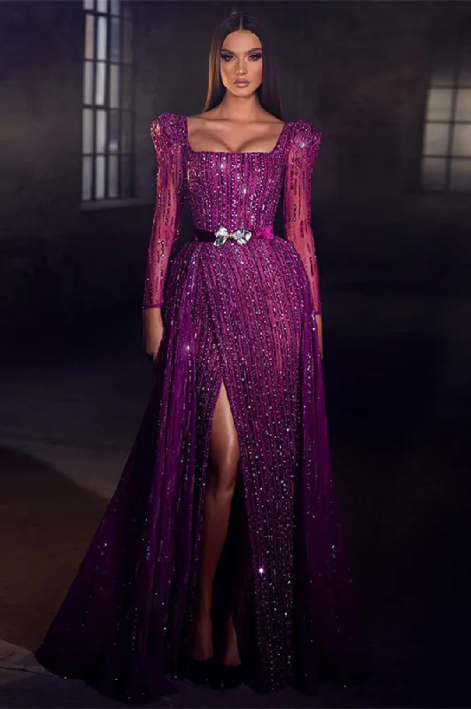 Pretty Purple Square Prom Dress Mermaid Long Sleeves Beadings With Split