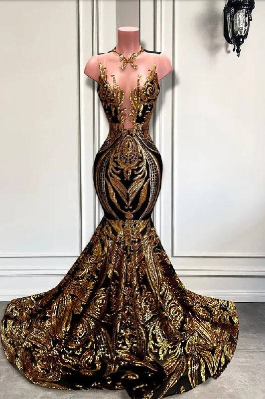 Long Sleeveless Mermaid Formal Dresses with Gold Sequins