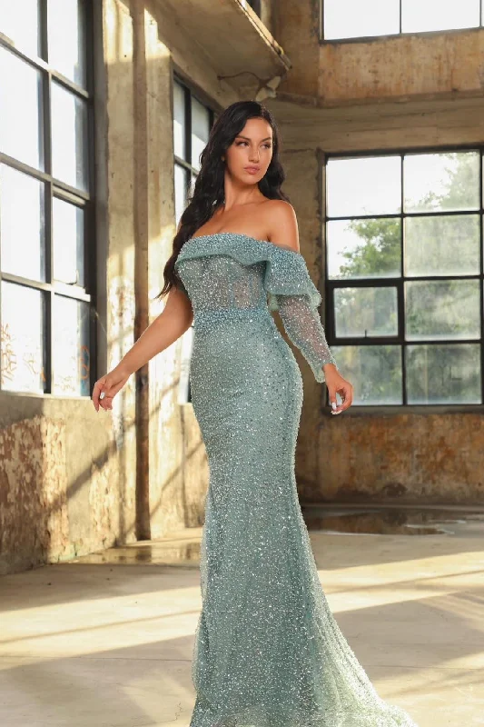Modern Long Sleeves Mermaid Sequined Prom Dresses with Split
