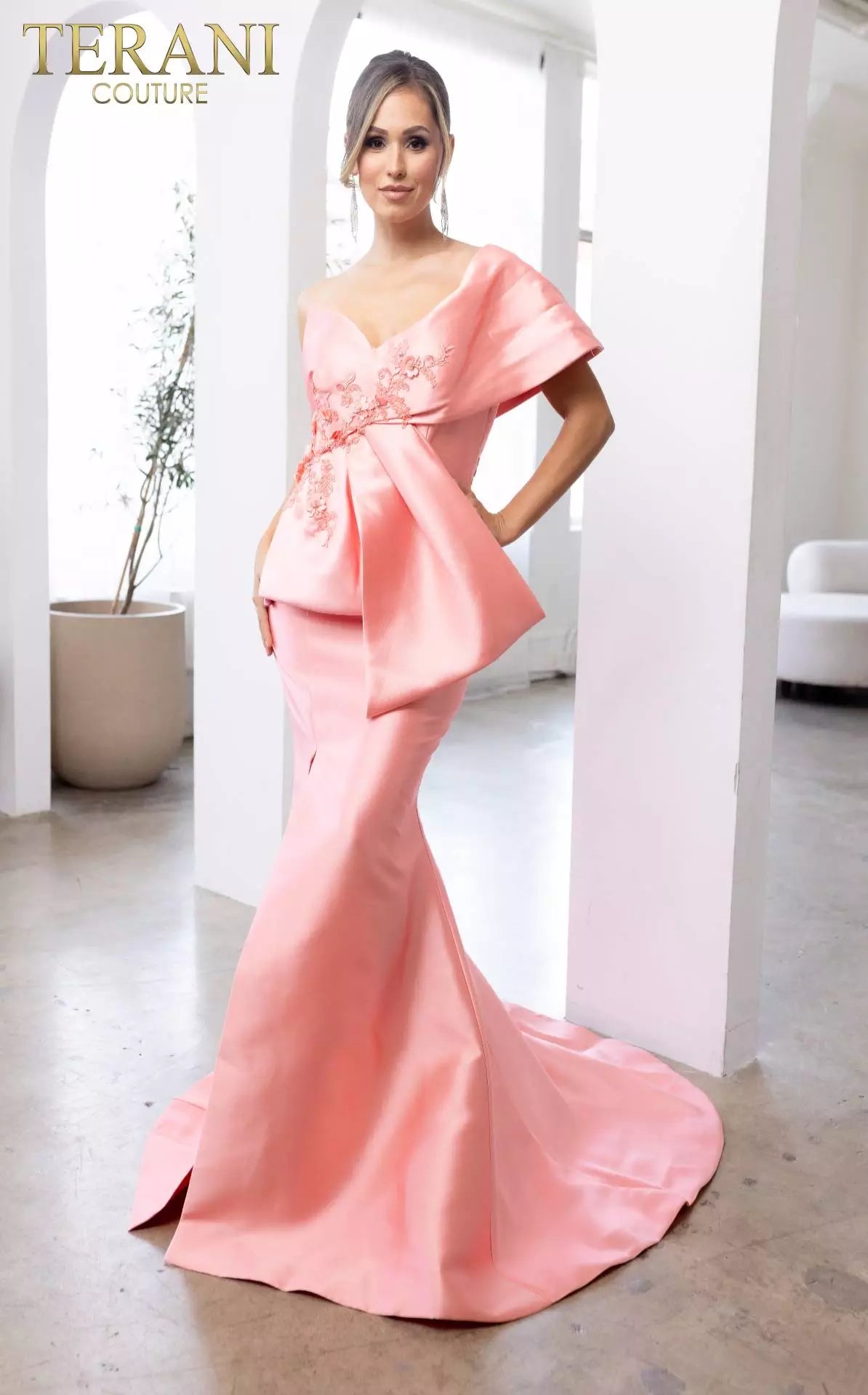 Terani Couture 241E2468 Off-Shoulder Trumpet Asymmetrical Sparkly Column Evening Dress