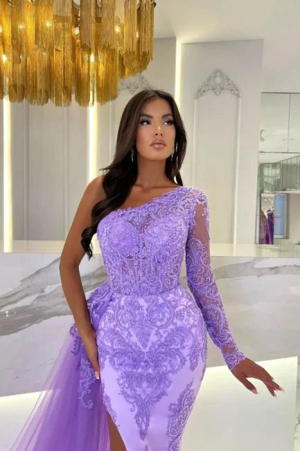 Suzhoufashion One Shoulder Column Long Sleeve Slit Front Tulle Long Prom Dresses with Lace