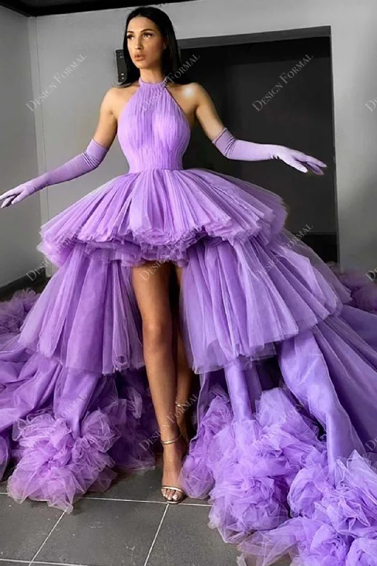 Lilac Halter Neck Tiered Tulle Handmade High-low Prom Dress