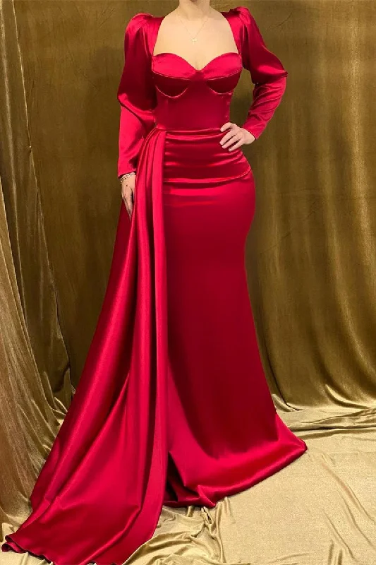 Beautiful Long Strapless Red Satin Mermaid Evening Prom Dresses With Long Sleeves