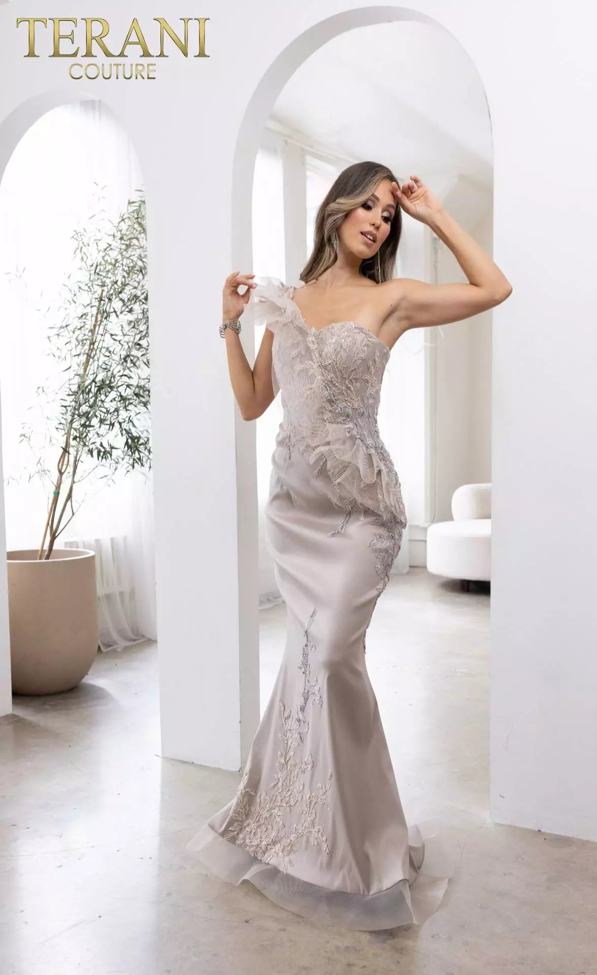 Terani Couture 241E2485 Asymmetrical Embroidered Off-Shoulder Trumpet Column Evening Dress