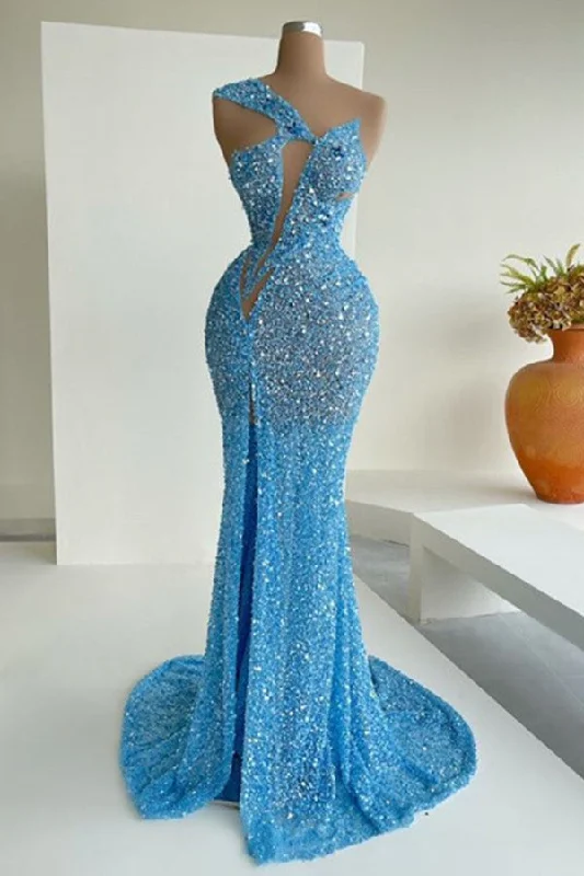 Ocean Blue Sequins One-Shoulder Mermaid Long Formal Dresses With Split