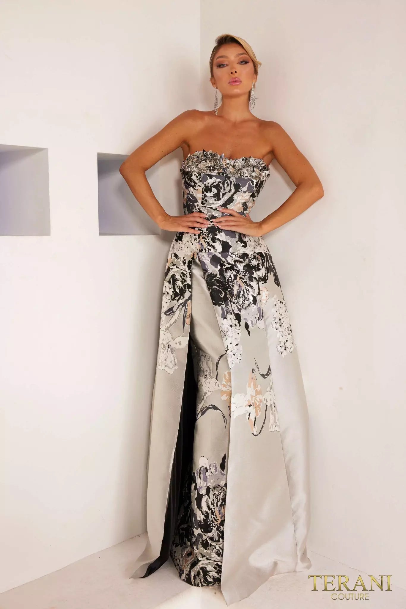Terani Couture 241E2452 Strapless Jacquard Silver Black Evening Ballgown Dress