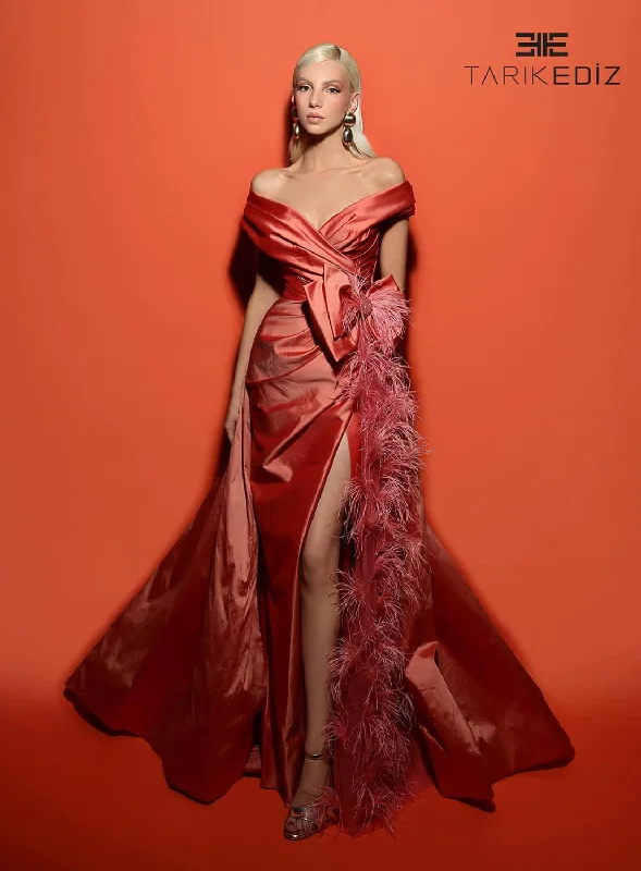 Tarik Ediz 98458 Taffeta Fabric V-Neck Neckline Fitted Long Dress