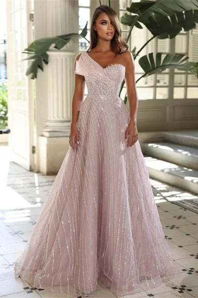 Charming Sweetheart Sleeveless One-Shoulder Sequined Prom Dresses