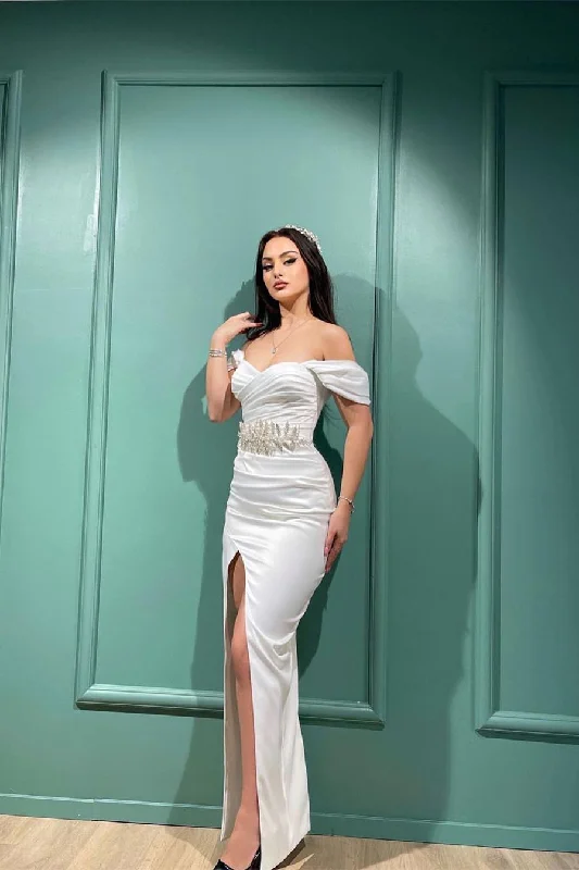 Beautiful White Mermaid Off-the-shoulder Sleeveless Evening Prom Dresses With Slit