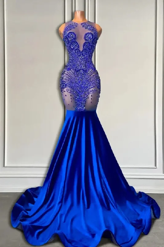 Sleeveless Royal Blue Scoop Neck Mermaid Formal Dresses with Beadings