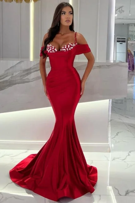 Suzhoufashion Mermaid Red Spaghetti Straps Sweetheart Off-The-Shoulder Long Stain Prom Dresses with Ruffles Suzhoufashion Mermaid Red Spaghetti Straps Sweetheart Off-The-Shoulder Long Stain Prom Dresses with Ruffles