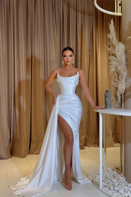 Suzhoufashion Sleeveless Strapless Charmeuse Slit Front Stain Prom Dresses with Ruffles