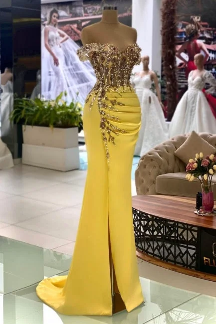 Suzhoufashion Column Yellow Sleeveless Off-The-Shoulder Stain Long Sweetheart Prom Dresses with Beadings Suzhoufashion Column Yellow Sleeveless Off-The-Shoulder Stain Long Sweetheart Prom Dresses with Beadings