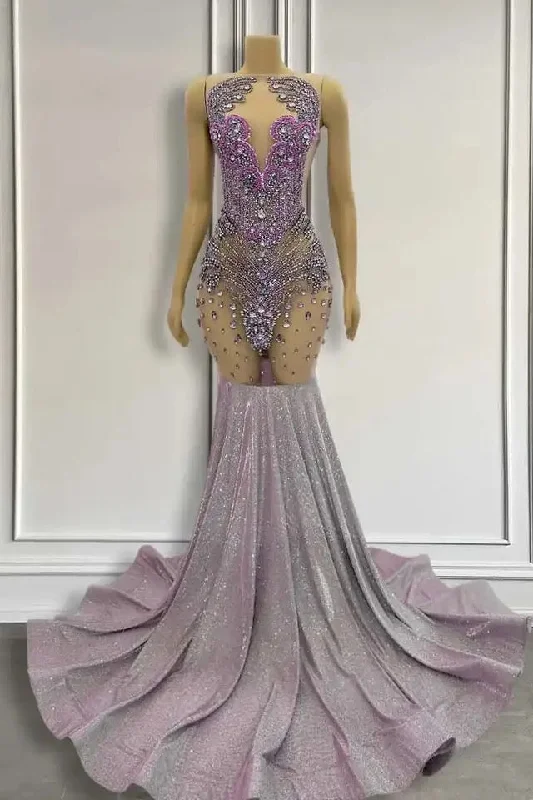 Purple Mermaid Formal Dresses Sleeveless with Long Beadings