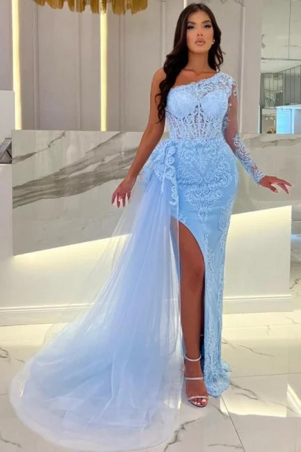 Suzhoufashion Column Long Slit Front Sky Blue Tulle One Shoulder Long Sleeve Prom Dresses with Lace Suzhoufashion Column Long Slit Front Sky Blue Tulle One Shoulder Long Sleeve Prom Dresses with Lace