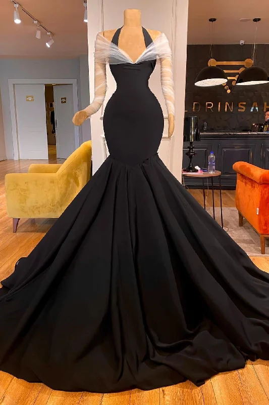 Fabulous Long Sleeves Halter Mermaid Prom Dresses with Ruffles