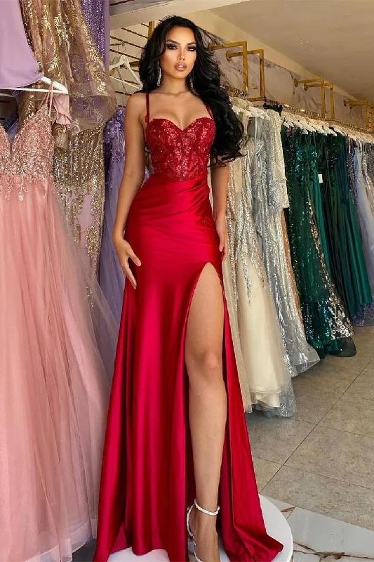 Chic Long Red Spaghetti Straps Sequined Lace Sleeveless Prom Dresses With Split