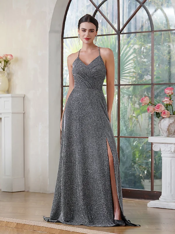 Fabulous A-Line Polyester Lurex Fabric V-Neck Sleeveless Darkbrown Prom Dress With Zipper Pocket Split Front