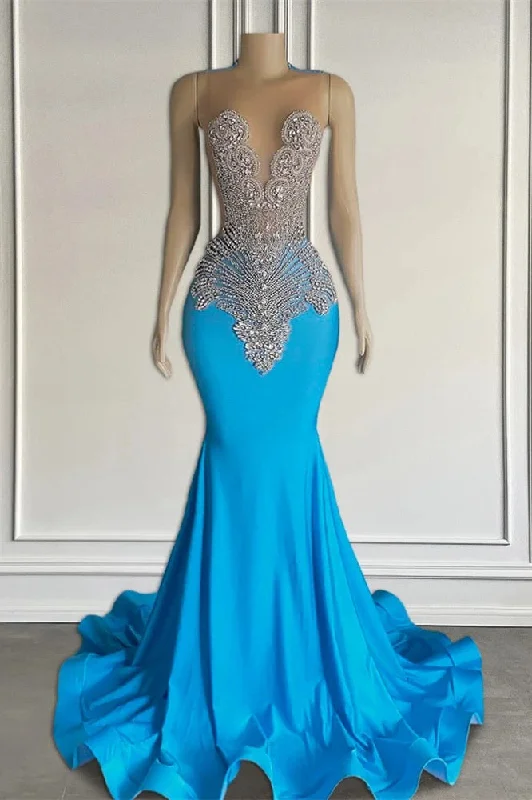 Ocean blue sleeveless mermaid Formal Dresses with long beadings