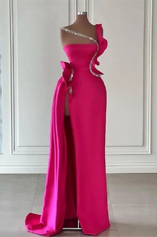 Chic Long Glitter Sleeveless Split Front Prom Dresses With Ruffles