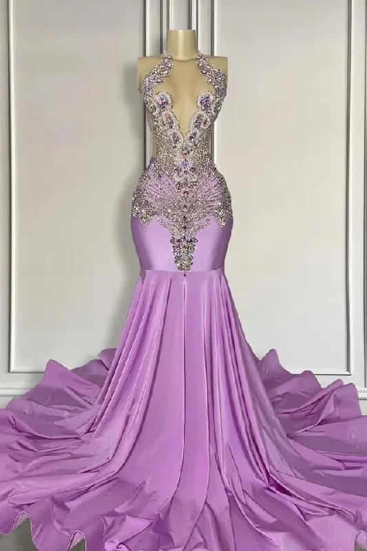 Long Lilac Sleeveless Halter Mermaid Formal Dresses With Beadings