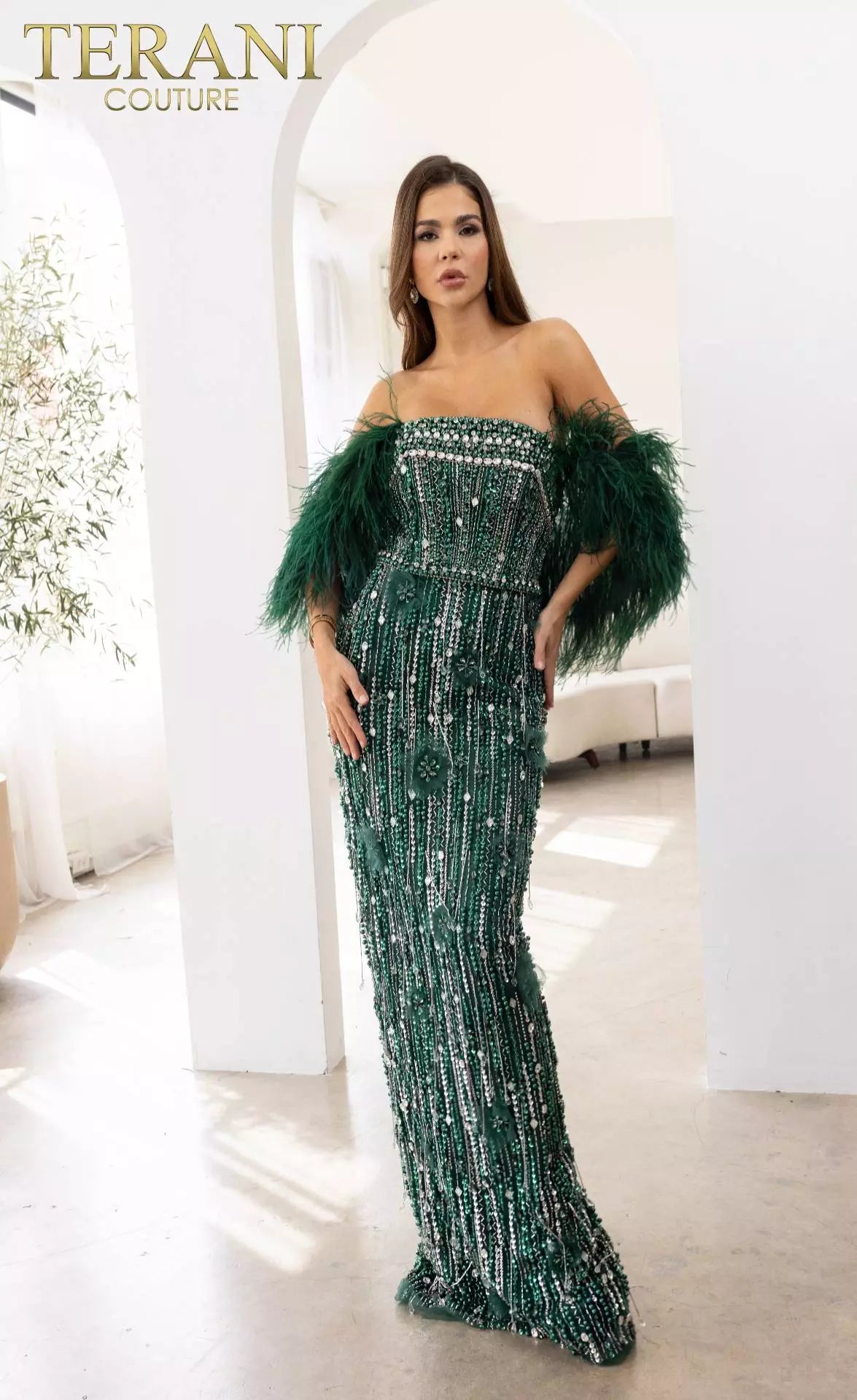 Terani Couture 241GL2603 V-Line Off-Shoulder Hunter Green Tulle Column Evening Dress