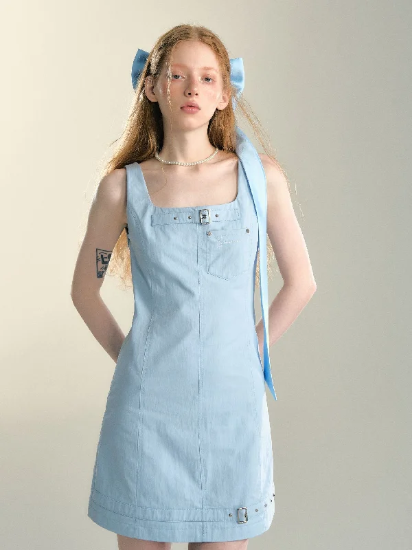 Cream Blue Square Neck Workwear A-Line Dress SOM0025