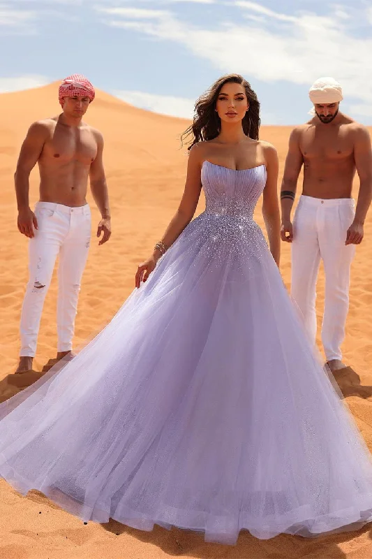 Elegant Long Lilac Sleeveless Rhinestones Tulle Prom Dresses