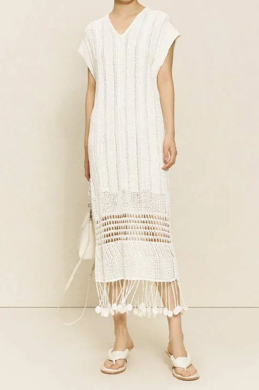 V-neck Fringe Decorated French Sleeve Dress - 2 Colors Available