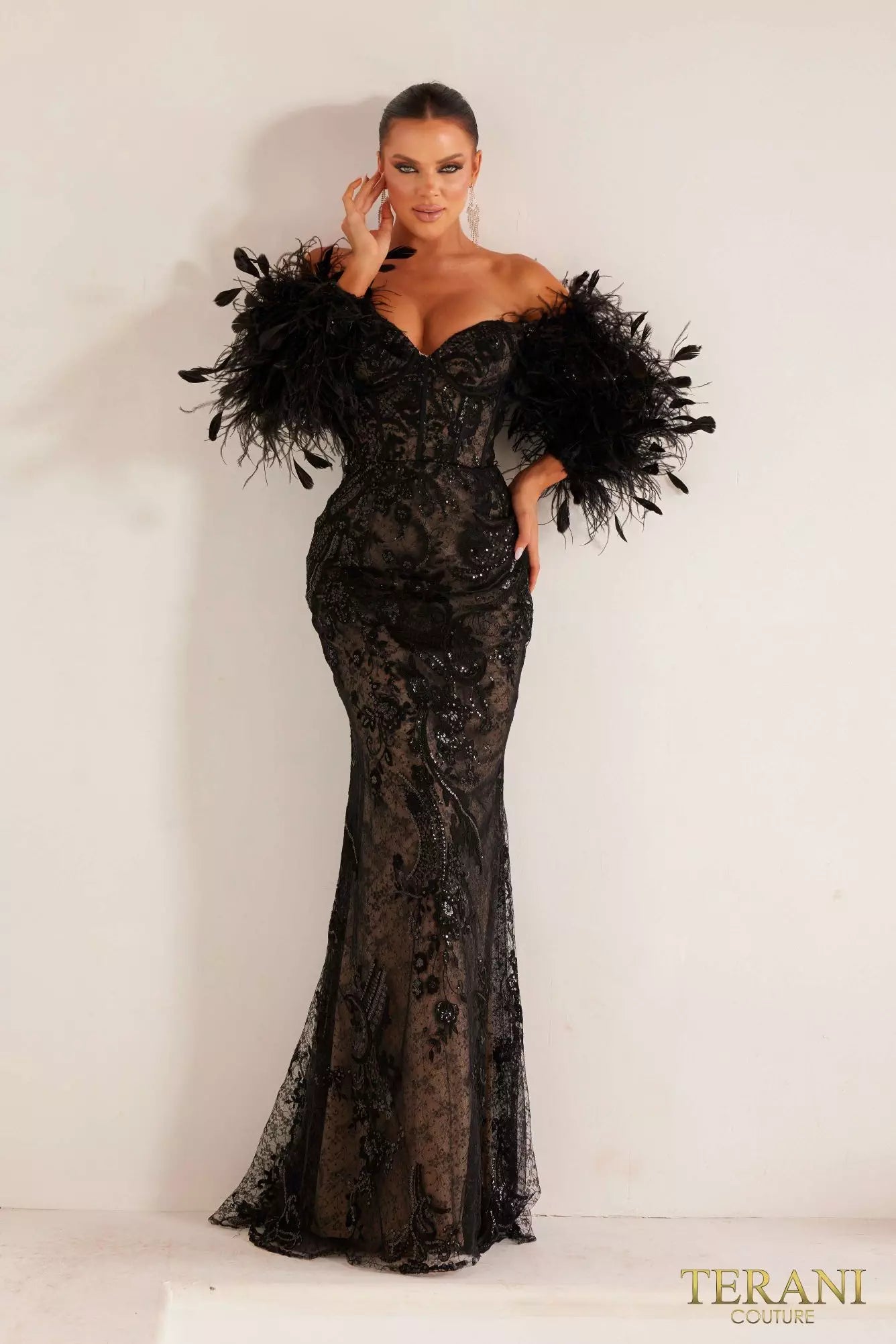 Terani Couture 241E2479 Long Sleeves Off-Shoulder Black Nude Bodycon Evening Dress