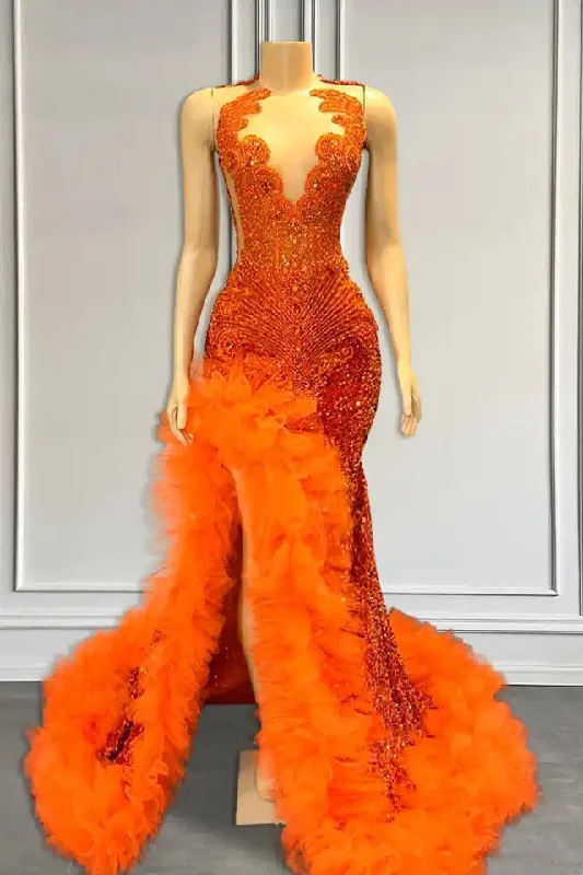 Orange Sleeveless Mermaid Formal Dresses with Side Slit and Tulle Beadings