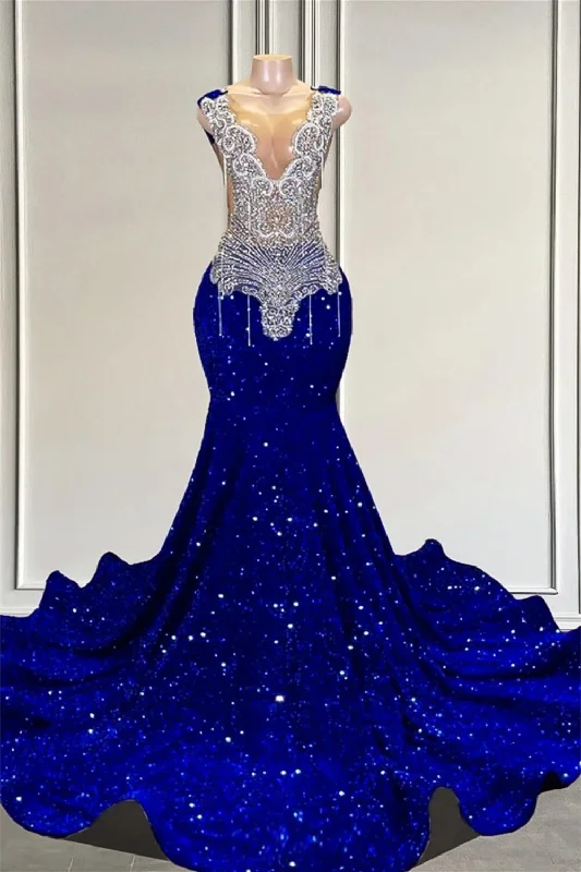 Royal Blue Sleeveless Mermaid Formal Dresses with Beadings and Sequins