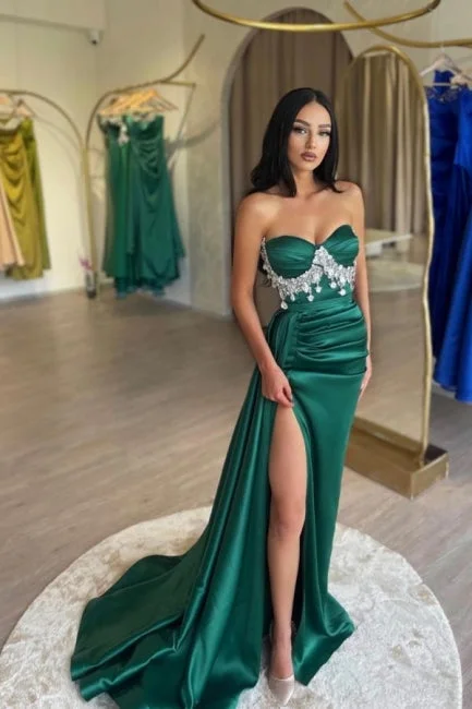 Suzhoufashion Slit Front Dark Green Stain Sweetheart Sleeveless Prom Dresses with Beadings Suzhoufashion Slit Front Dark Green Stain Sweetheart Sleeveless Prom Dresses with Beadings
