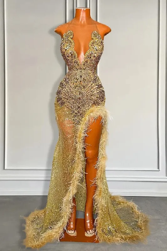 Gold Sleeveless Mermaid Formal Dresses with Sequins High Slit and Feather Beadings