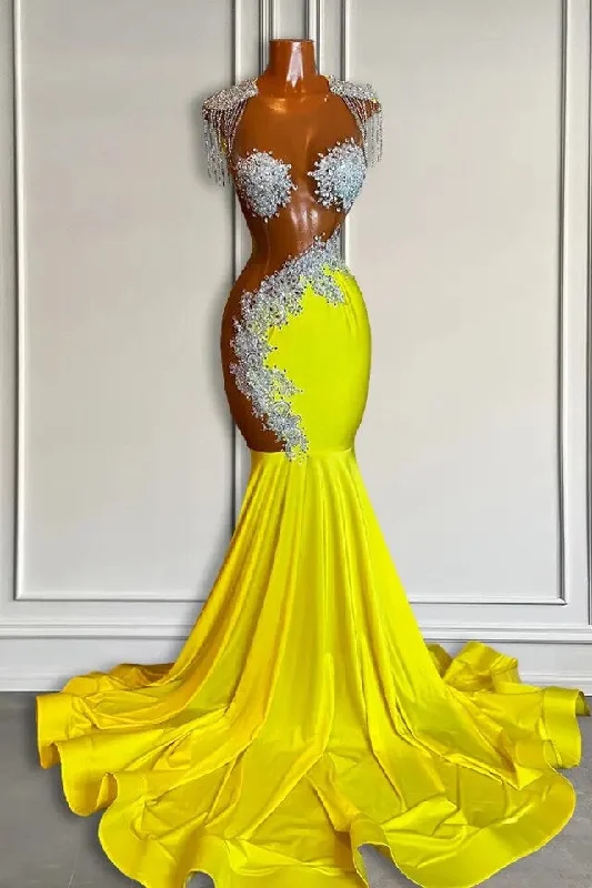 Yellow Scoop Formal Dresses with Beadings and Tassels - Mermaid Long