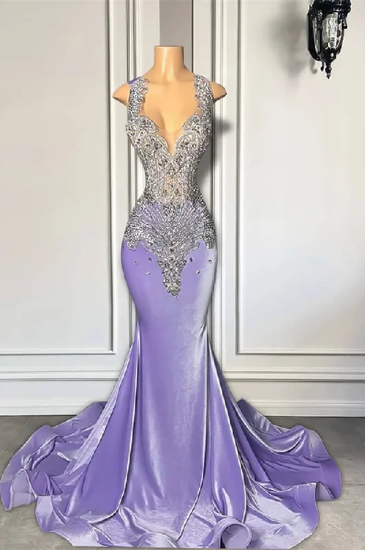 Lilac Mermaid Formal Dresses with Scoop Neckline Sleeveless and Crystal Beadings