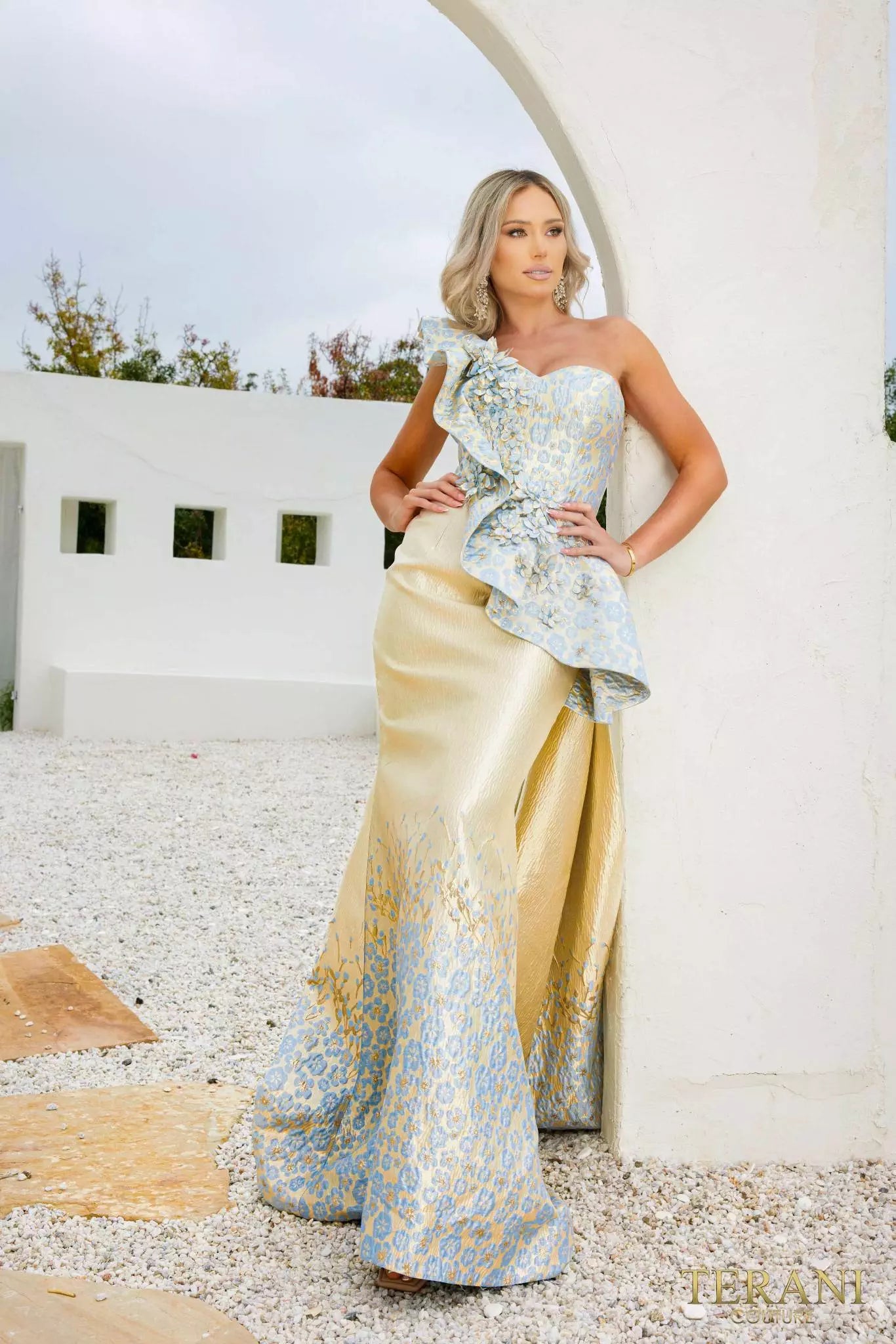 Terani Couture 241E2402 Asymmetrical Embroidered Jacquard A-Line Evening Dress