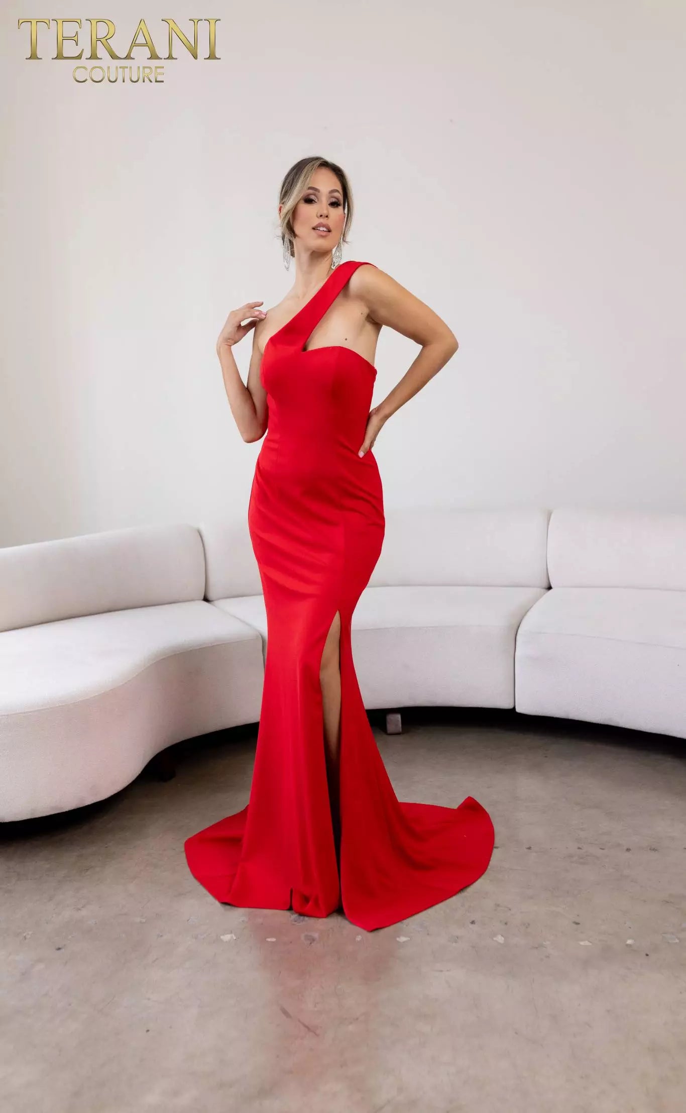 Terani Couture 241E2416 Asymmetrical Off-Shoulder Jersey Column Evening Dress