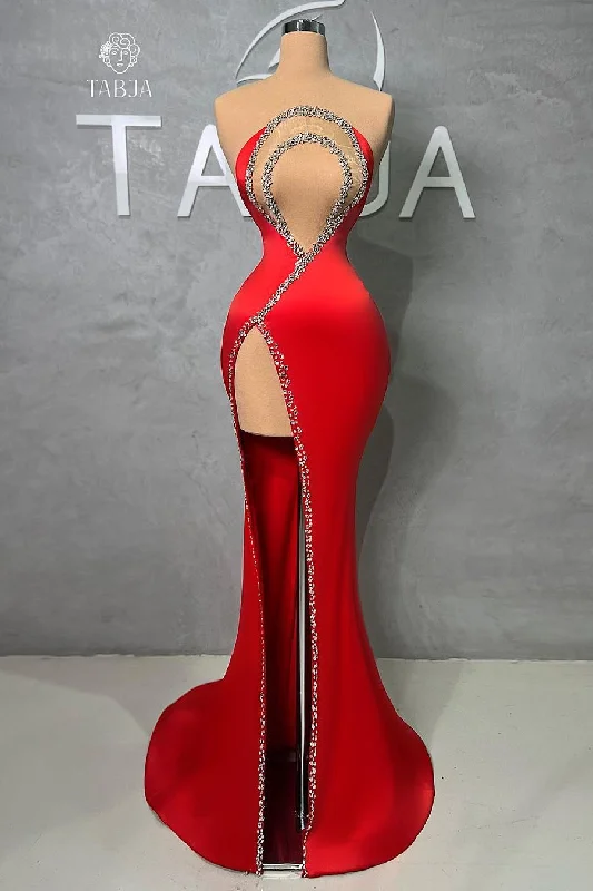 Modern Long Red Mermaid Beading Sleeveless Prom Dresses With Split