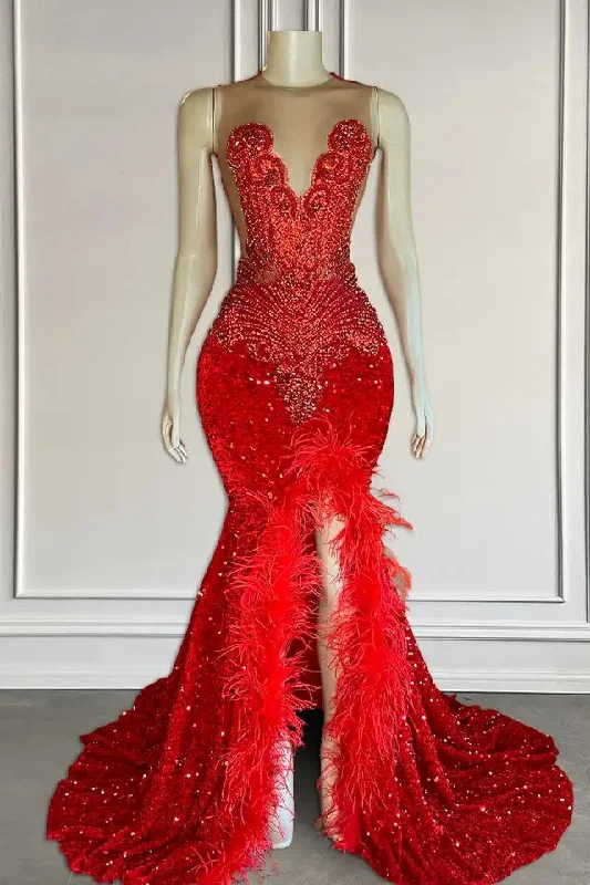 Red Sleeveless Sequins Mermaid Formal Dresses with Front Slit Beadings and Feathers