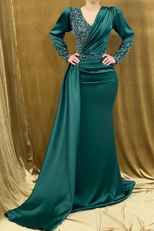 Chic Long Satin V-neck Mermaid Evening Prom Dresses With Beading