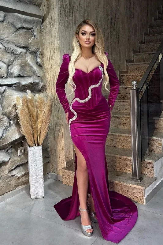 Fabulous Sweetheart Long Sleeves Mermaid Satin Prom Dresses with Split